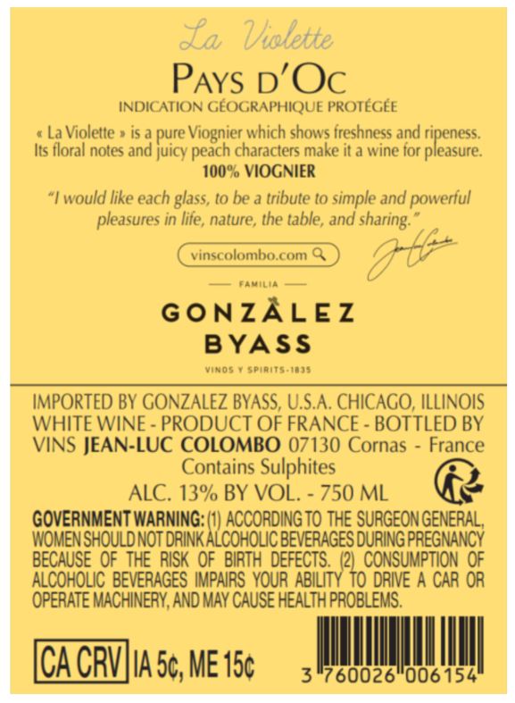 TABC label artwork for Jean-Luc Colombo La Violette Viognier Pays D'oc White Wine