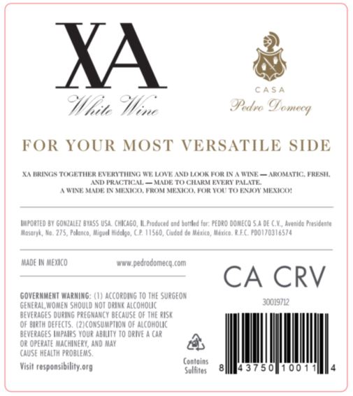 TABC label artwork for Domecq Xa White Wine