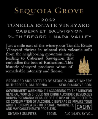 TABC label artwork for Sequoia Grove Cabernet Sauvignon Tonella Vineyard