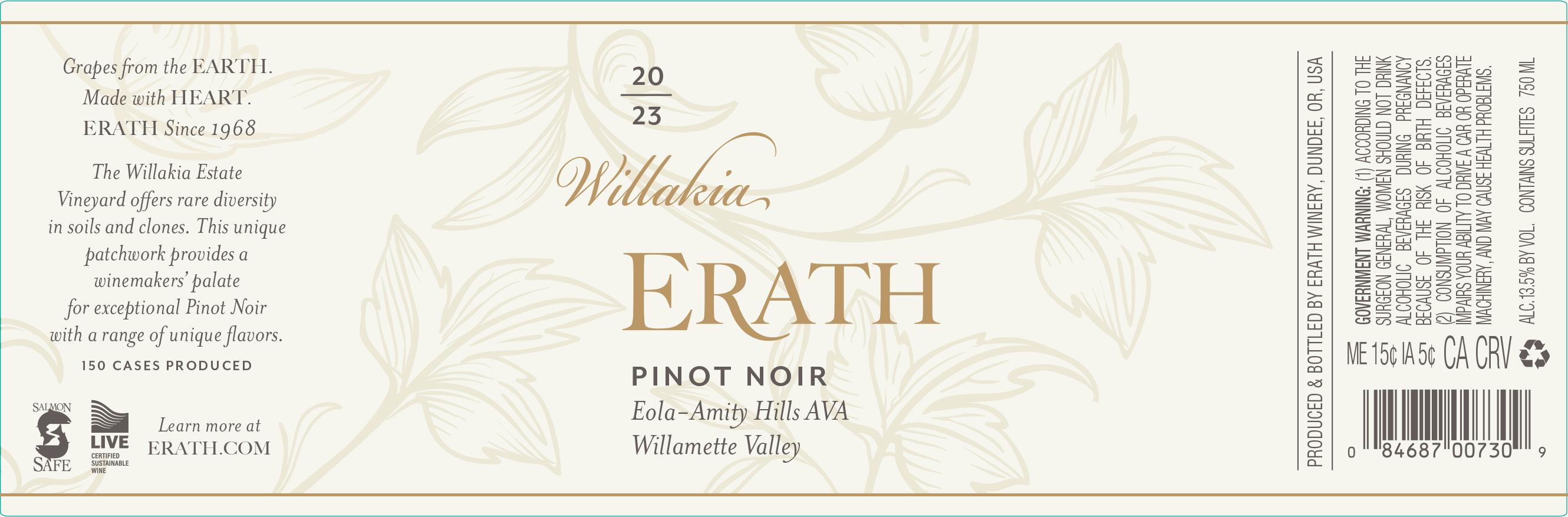 TABC label artwork for Erath Wilakia Pinot Noir Eola-Amity Hills, Willamette Valley