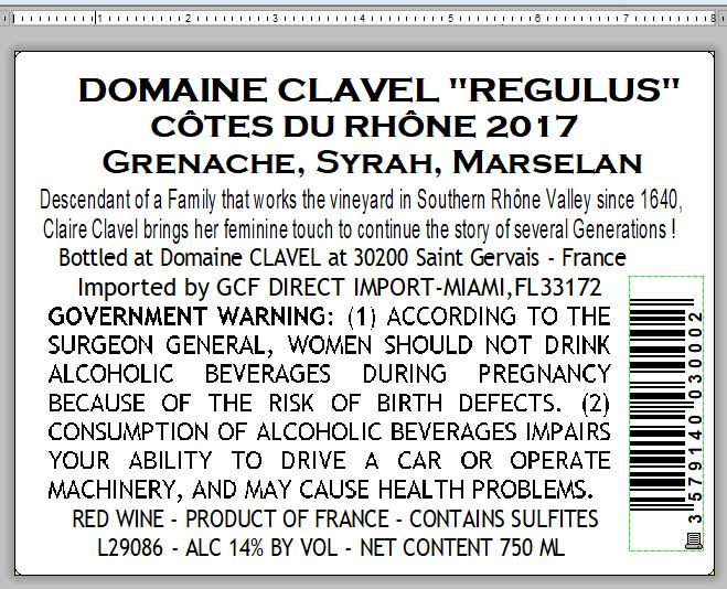 TABC label artwork for Domaine Clavel Regulus Red Wine Cotes Du Rhone