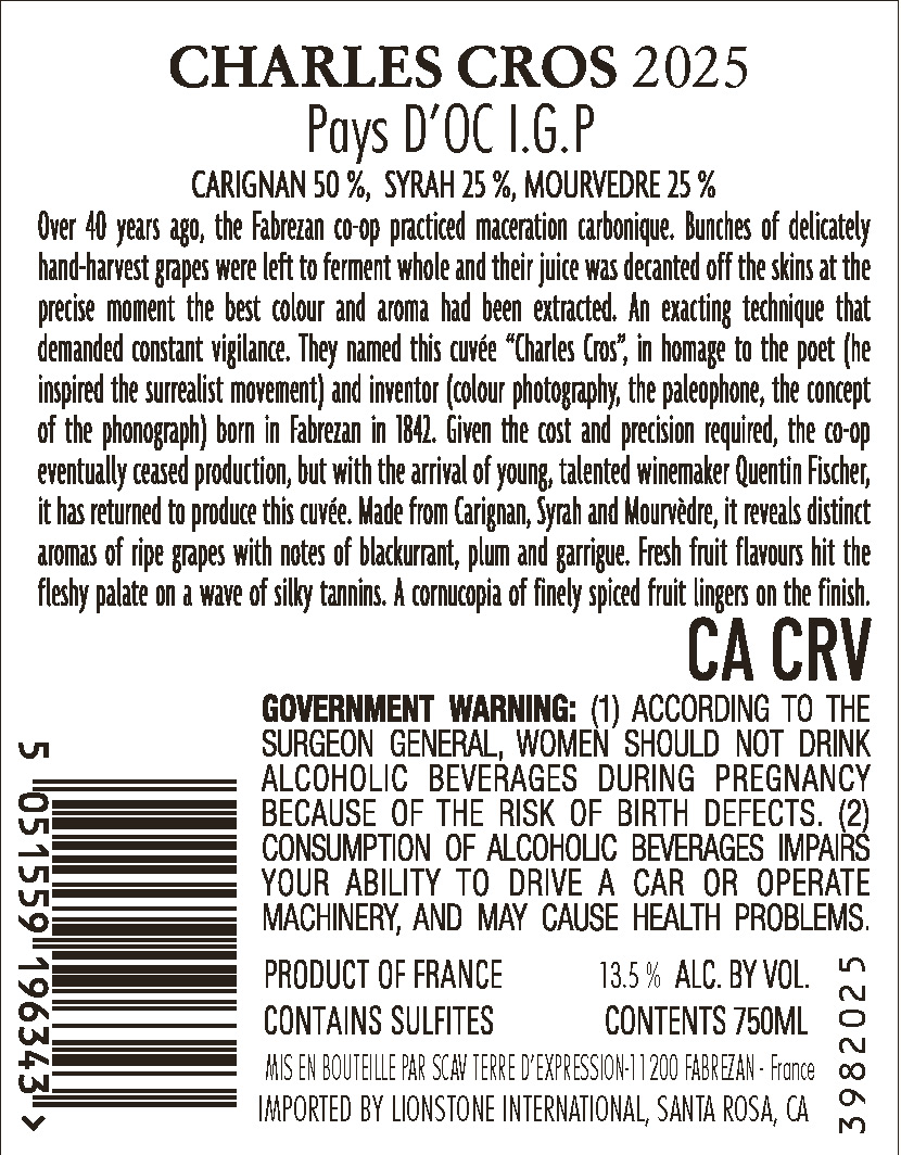 TABC label artwork for Charles Cros Pays dOc Carignan, Syrah, Mourvedre, France