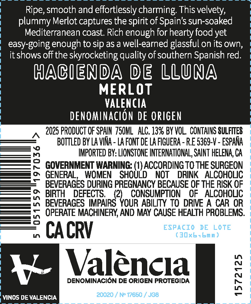 TABC label artwork for Hacienda de Lluna Valencia Merlot, Spain
