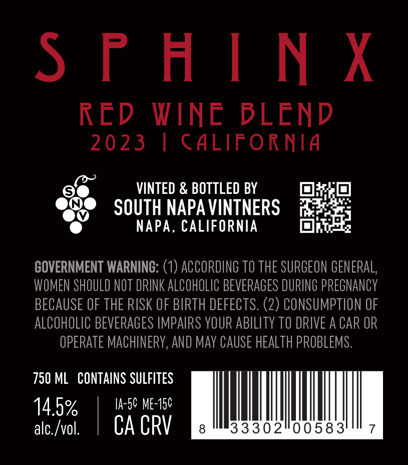 TABC label artwork for Sphinx Red Blend California