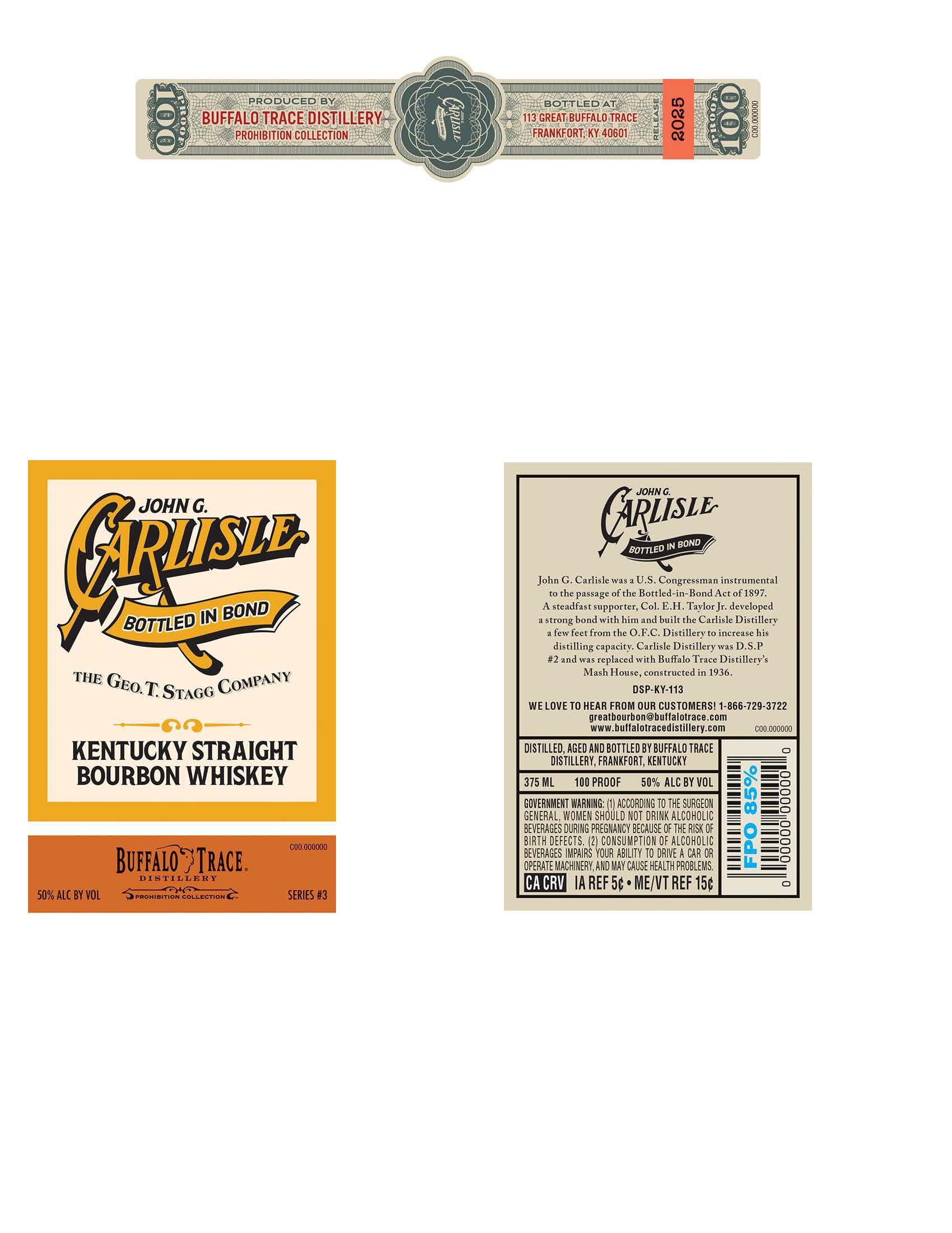 TABC label artwork for John G. Carlisle Bottled In Bond Kentucky Straight Bourbon Whiskey | Prohibition Collection #3
