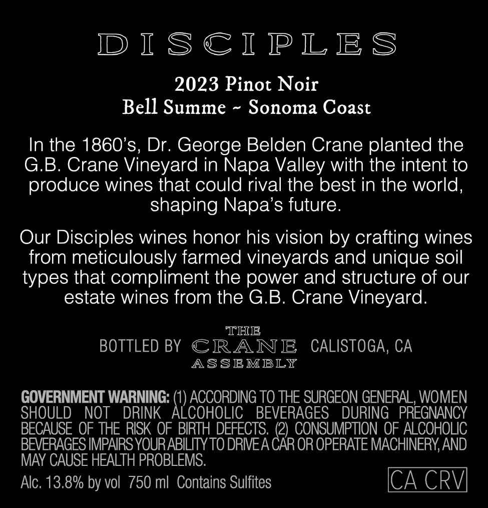 TABC label artwork for Disciples Bell Summe Pinot Noir Sonoma Coast