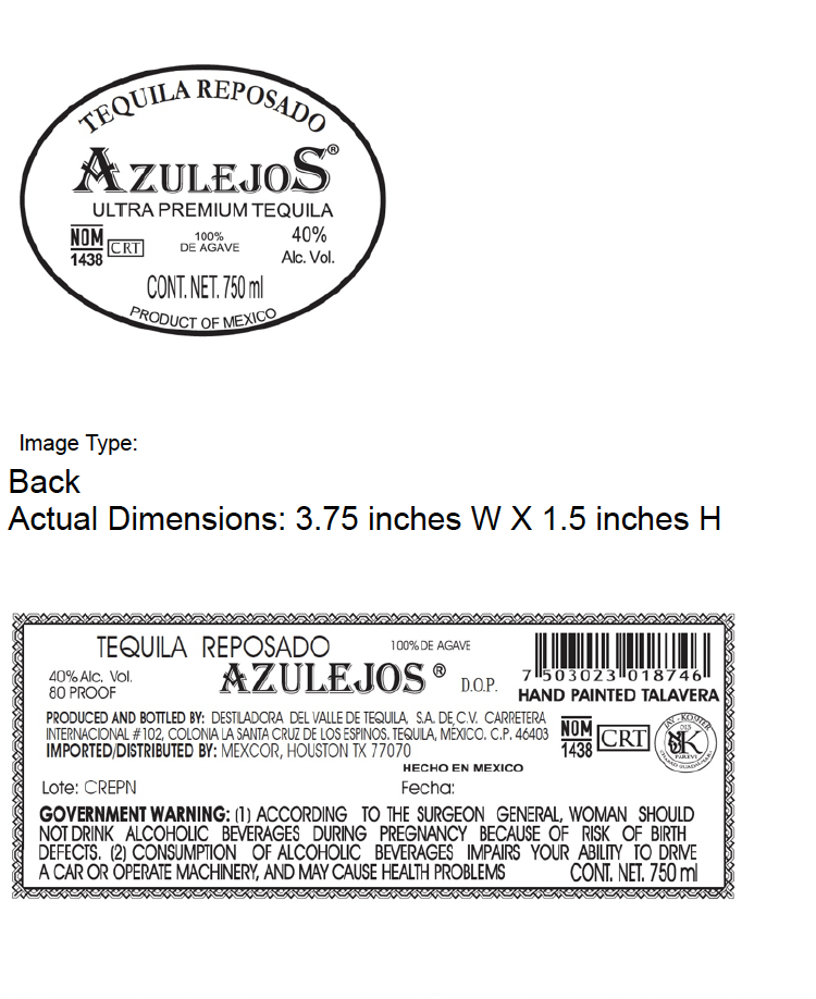 TABC label artwork for Azulejos Talavera Reposado Tequila