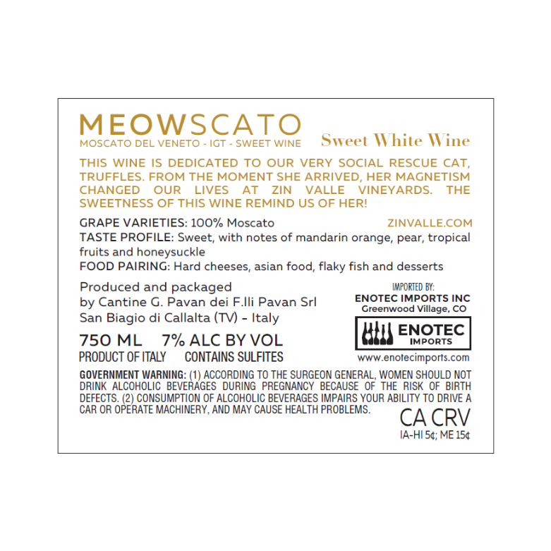 TABC label artwork for Zin Valle Moscato Del Veneto 'Meowscato' NV