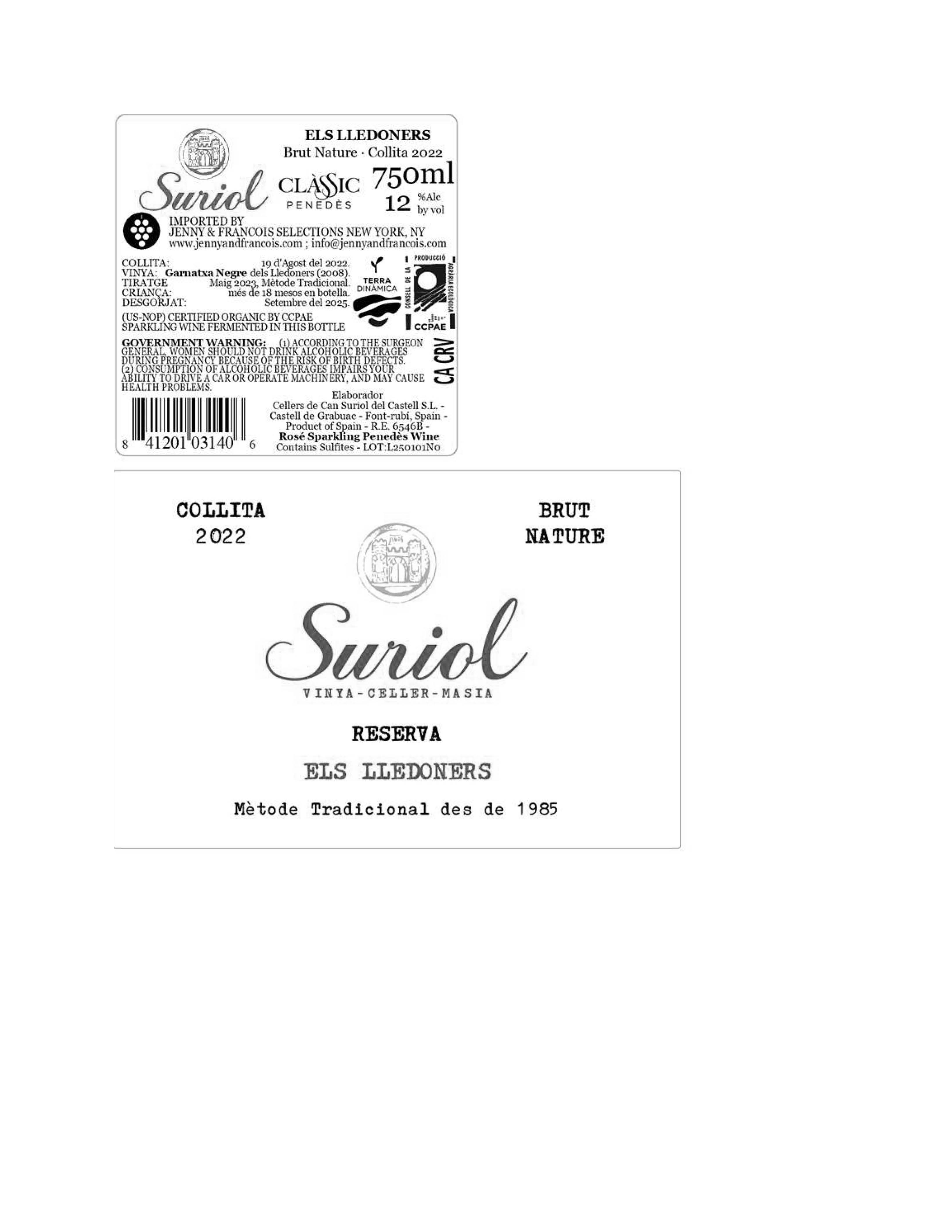 TABC label artwork for Suriol, Els Lledoners Brut Nature Rosat MOG