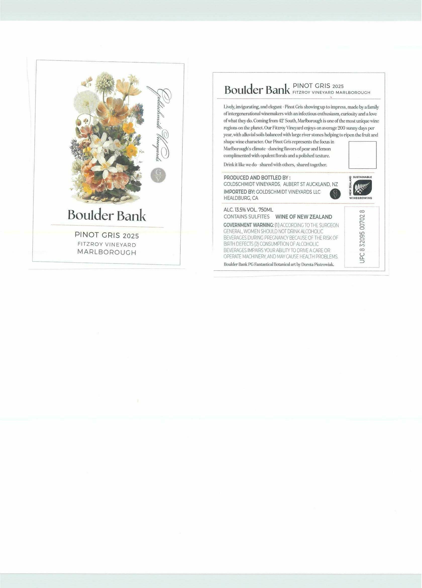 TABC label artwork for Boulder Bank Pinot Gris Fitzroy Vineyard Marlborough New Zealand