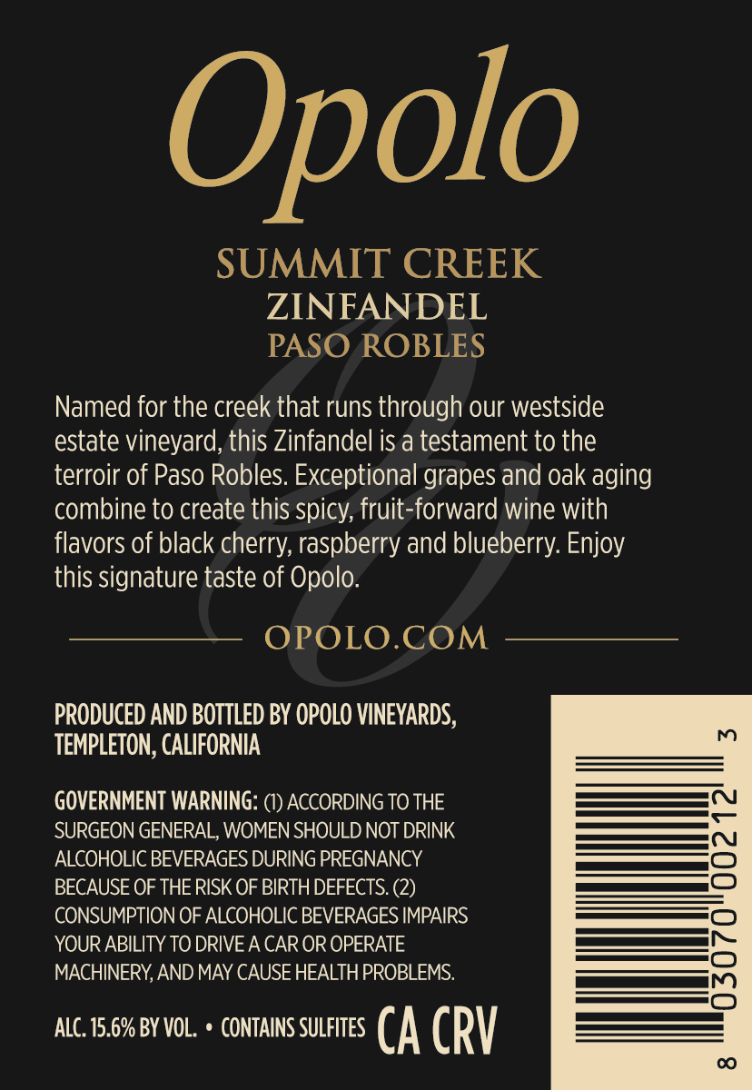 TABC label artwork for Opolo Summit Creek Zinfandel
