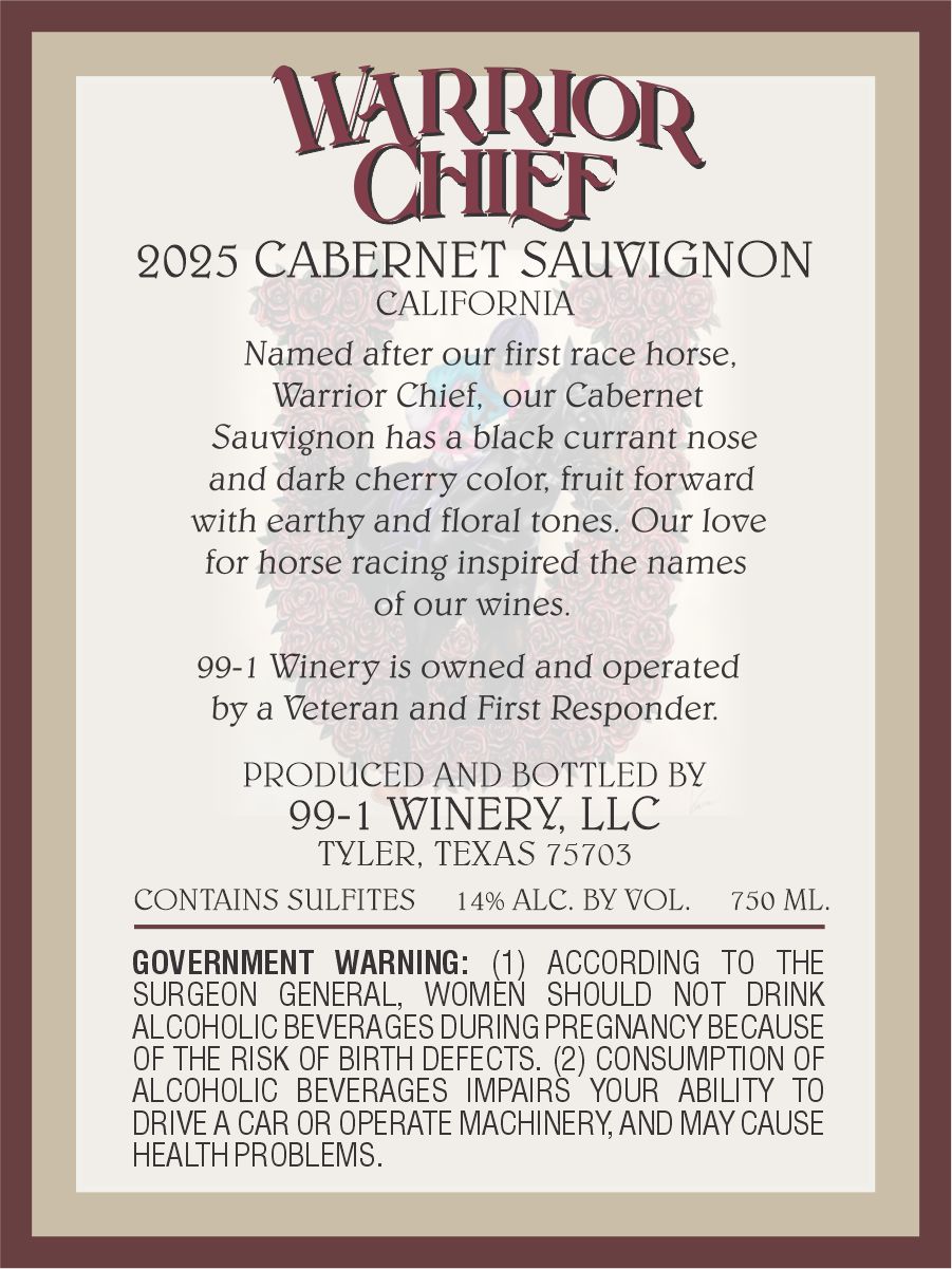 TABC label artwork for 99-1 Winery Warrior Chief Cabernet Sauvignon