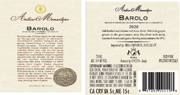 TABC label artwork for ANTICO MONASTERO BAROLO