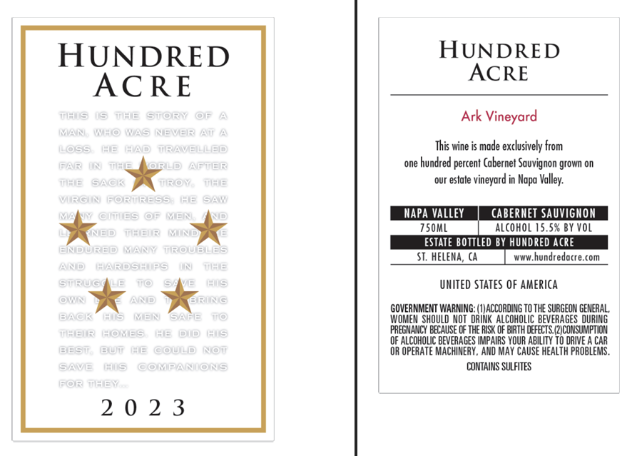 TABC label artwork for HUNDRED ACRE CABERNET SAUVIGNON NAPA VALLEY ARK