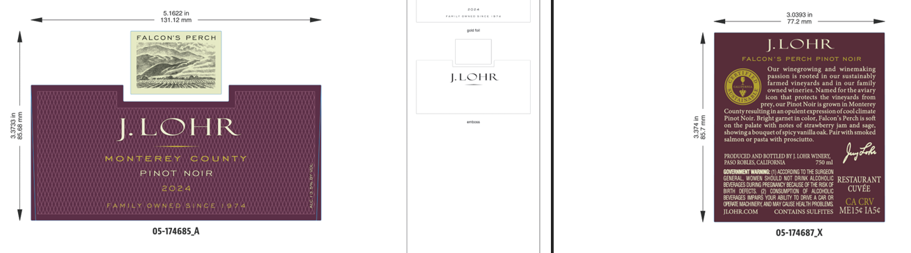 TABC label artwork for J. LOHR PINOT NOIR MONTEREY COUNTY FALCON'S PERCH, RESTAURANT CUVEE