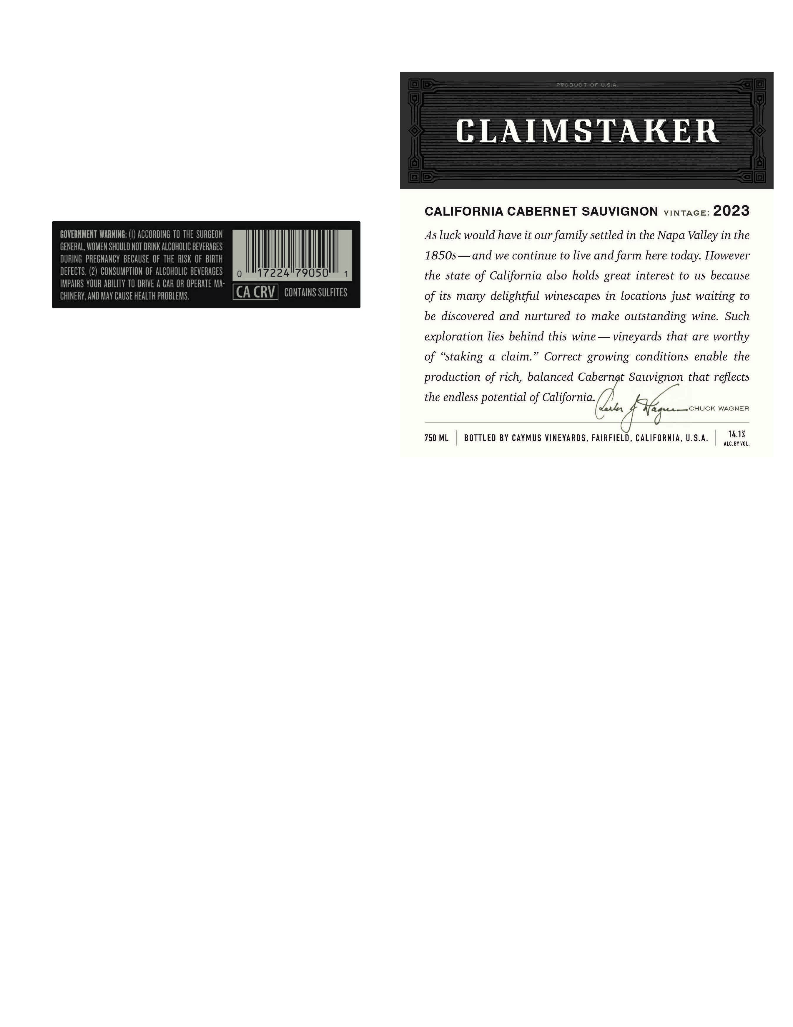 TABC label artwork for CLAIMSTAKER Cabernet Sauvignon Monterey County