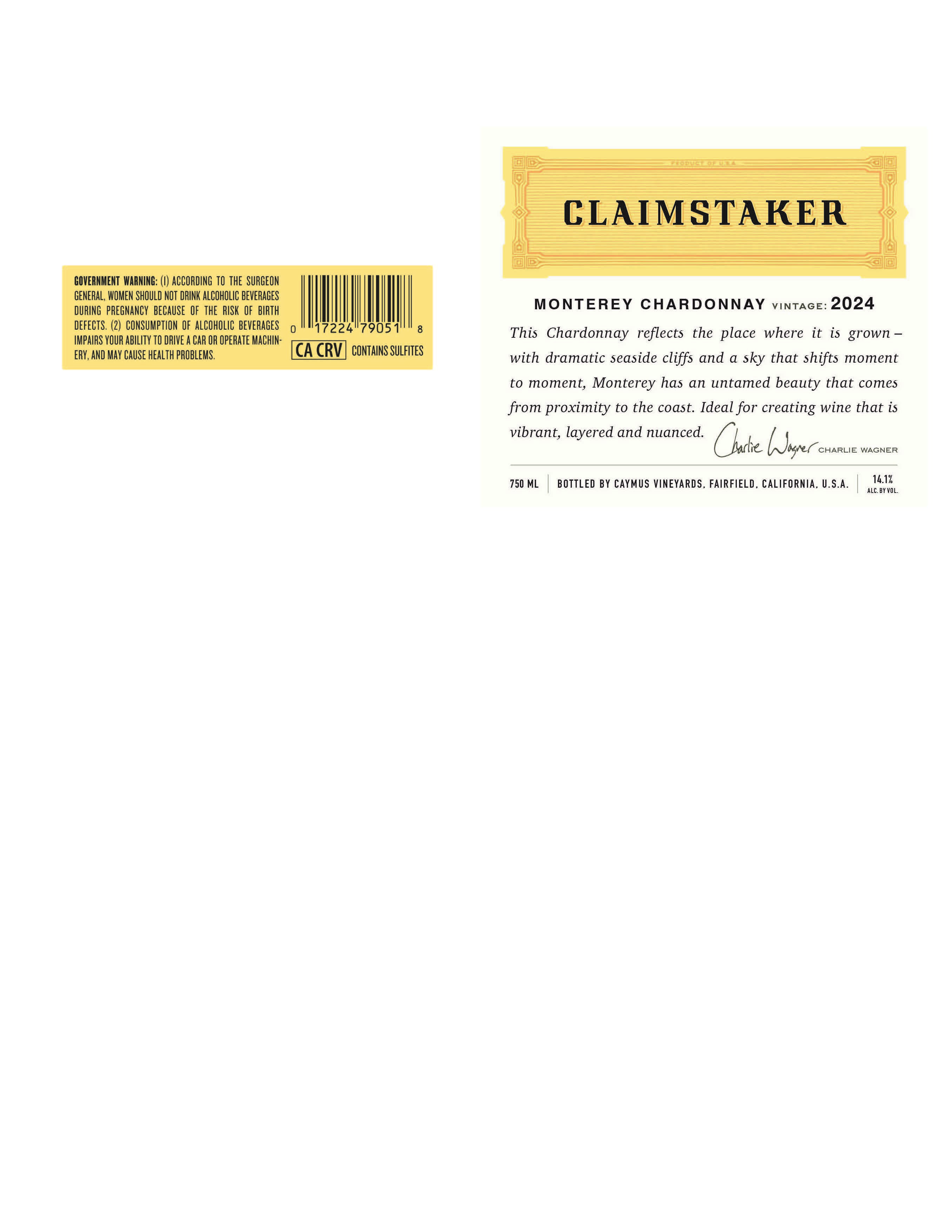 TABC label artwork for CLAIMSTAKER Chardonnay Monterey County