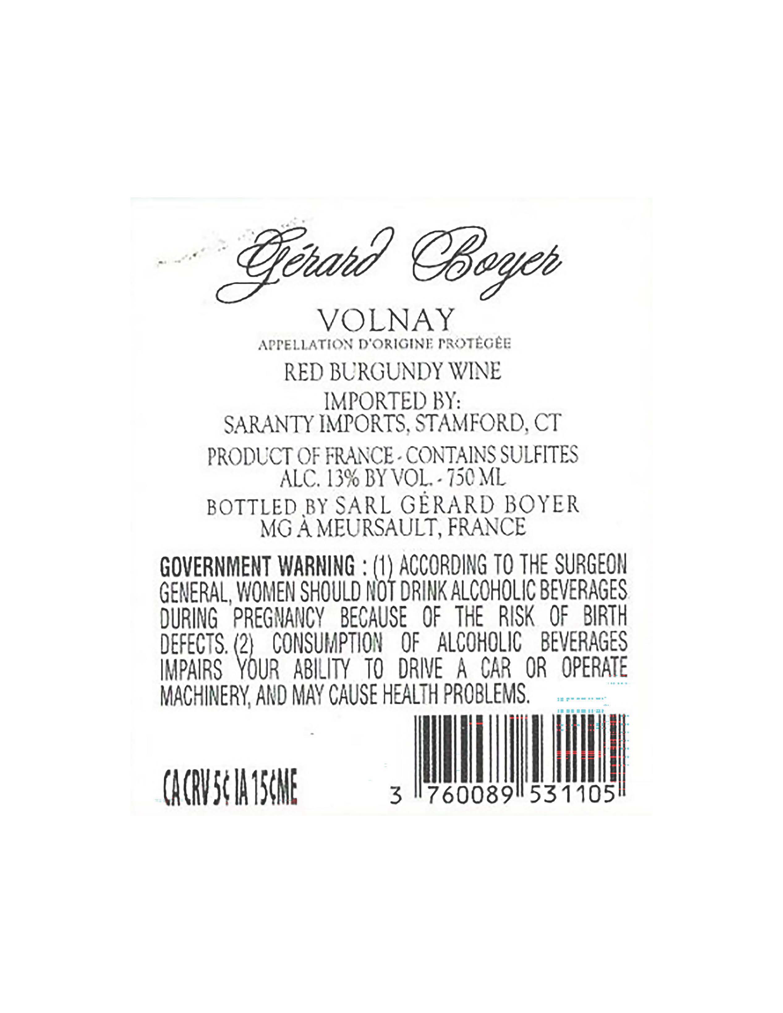 TABC label artwork for Gerard Boyer Volnay