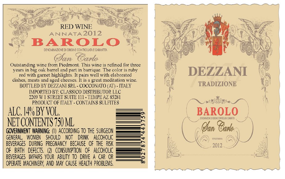 TABC label artwork for DEZZANI SAN CARLO