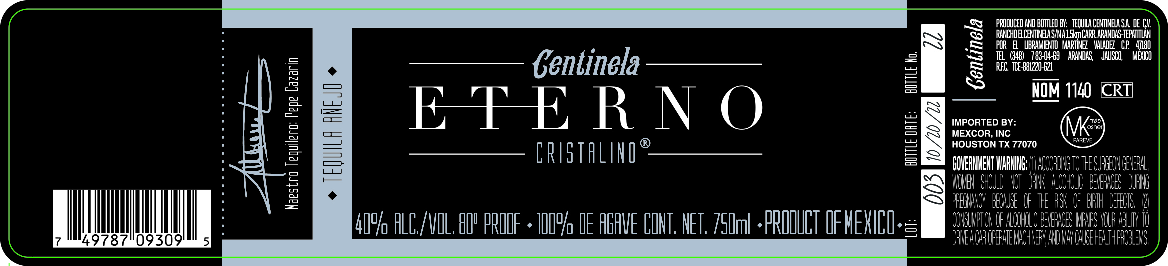 TABC label artwork for Centinela Eterno Cristalino 100% Agave
