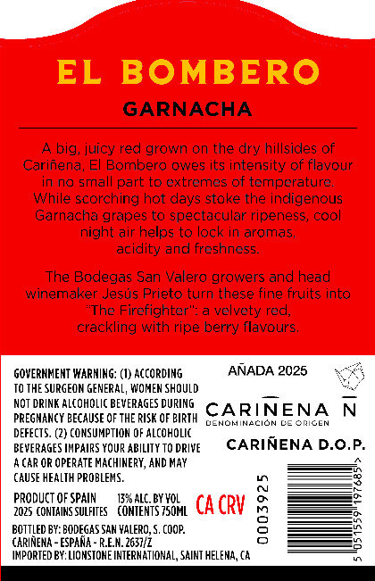 TABC label artwork for El Bombero Carinena Garnacha, Spain