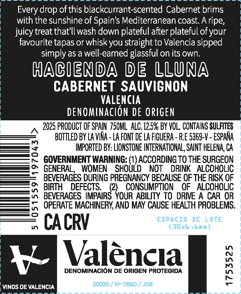 TABC label artwork for Hacienda de Lluna Valencia Cabernet Sauvignon, Spain