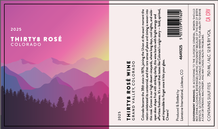 TABC label artwork for Thirty8 Grand Valley Rose Wine, Colorado