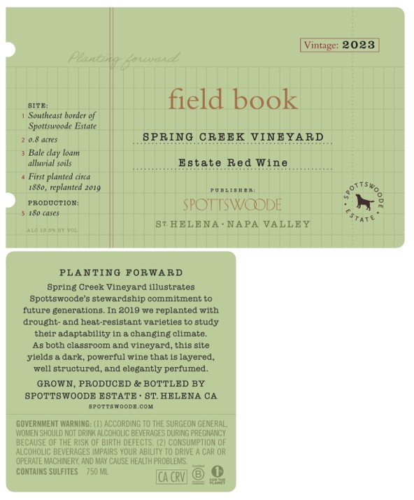 TABC label artwork for Field Book Spring Creek Vineyard Red Wine St. Helena