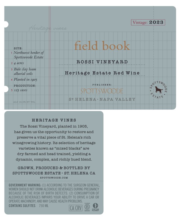 TABC label artwork for Field Book Heritage Rossi Vineyard Red Wine St. Helena