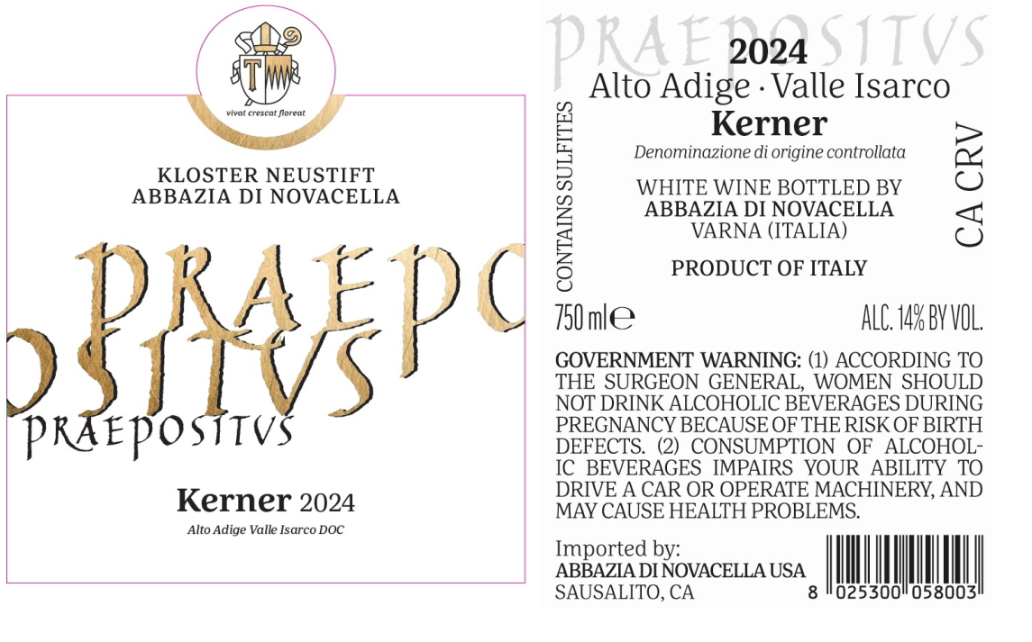TABC label artwork for Abbazia di Novacella Praepositus Kerner Alto Adige Valle Isarco