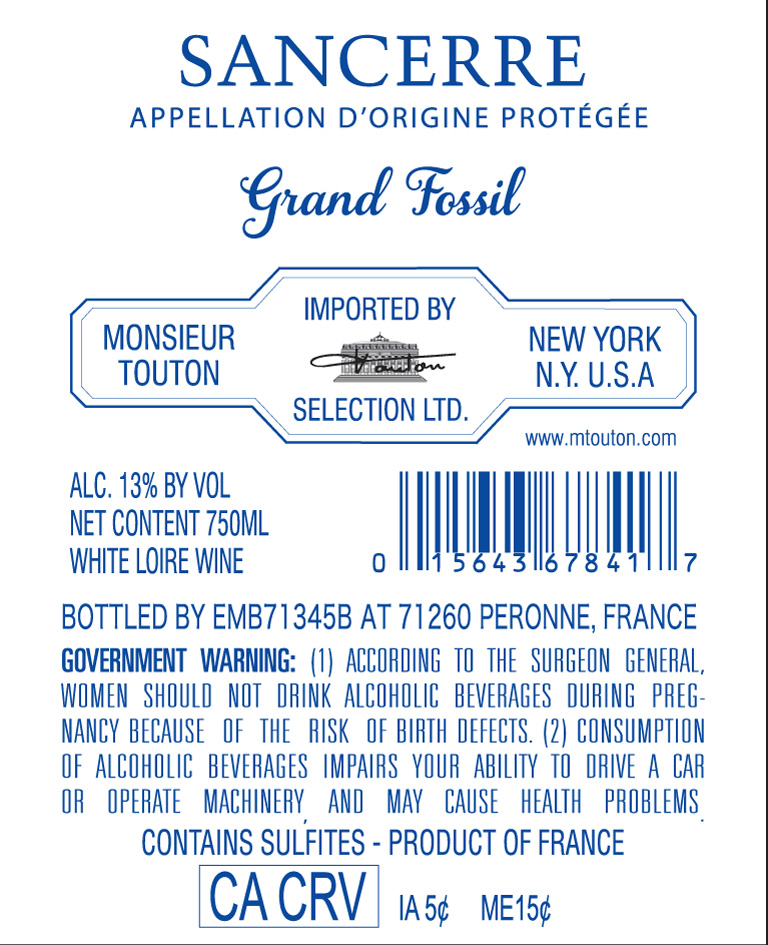 TABC label artwork for GRAND FOSSIL WHITE WINE SANCERRE