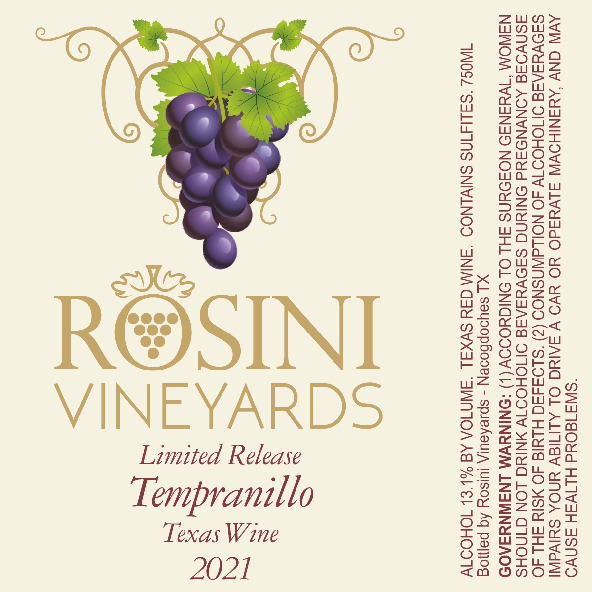 TABC label artwork for ROSINI VINEYARDS TEMPRANILLO