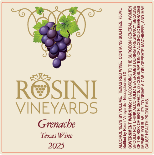 TABC label artwork for ROSINI VINEYARDS GRENACHE