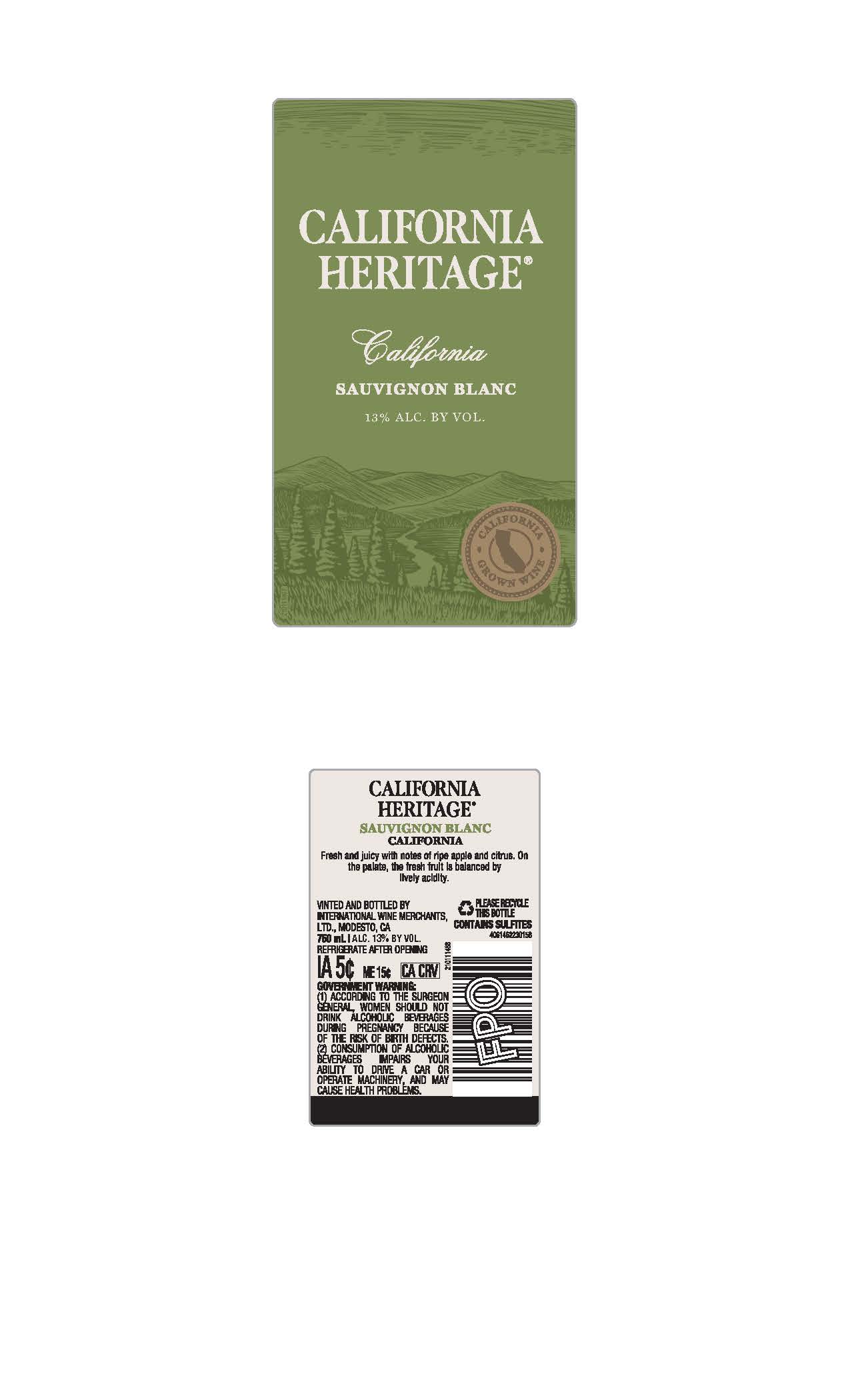 TABC label artwork for California Heritage Sauvignon Blanc California