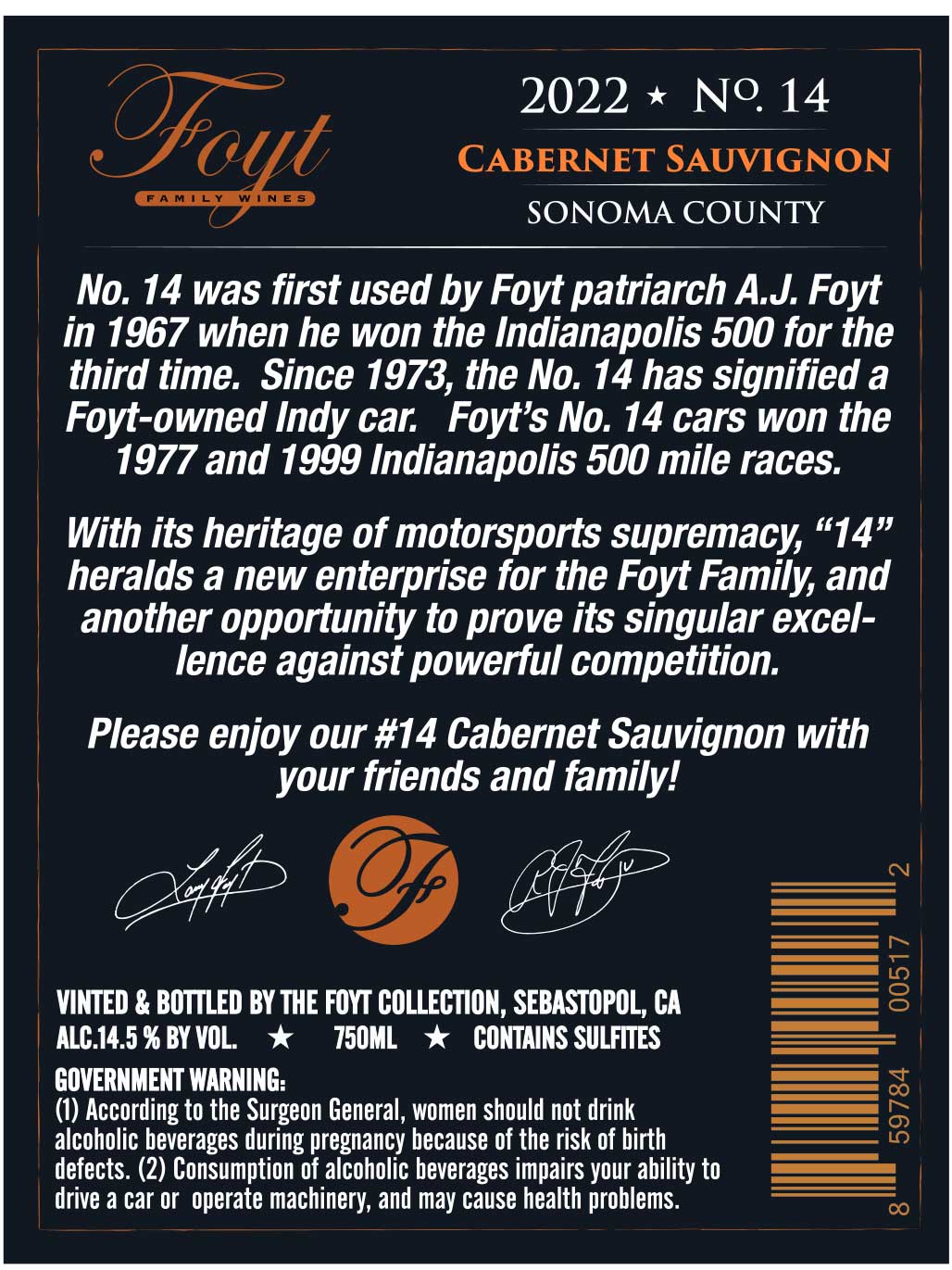 TABC label artwork for Foyt No. 14 Cabernet Sauvignon
