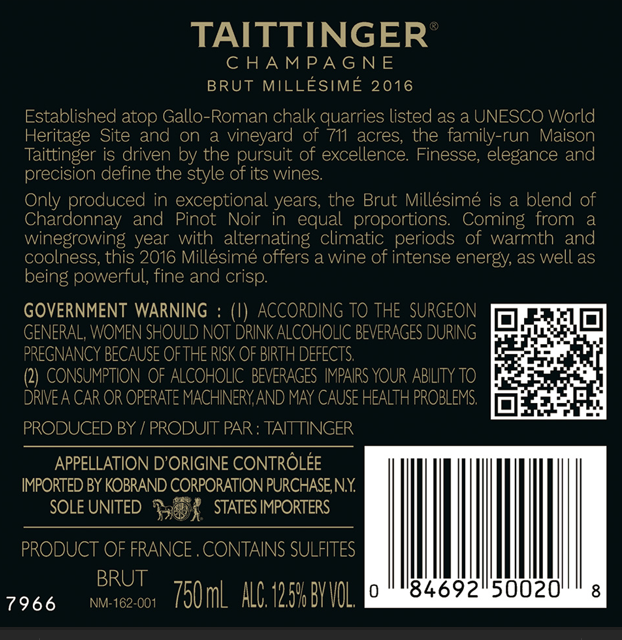 TABC label artwork for Taittinger Champagne Brut Millesime