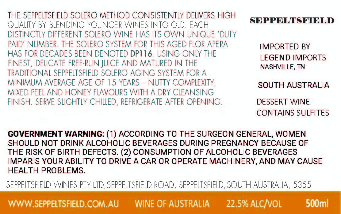 TABC label artwork for SEPPELTSFIELD DP 116 FLOR AGED APERA