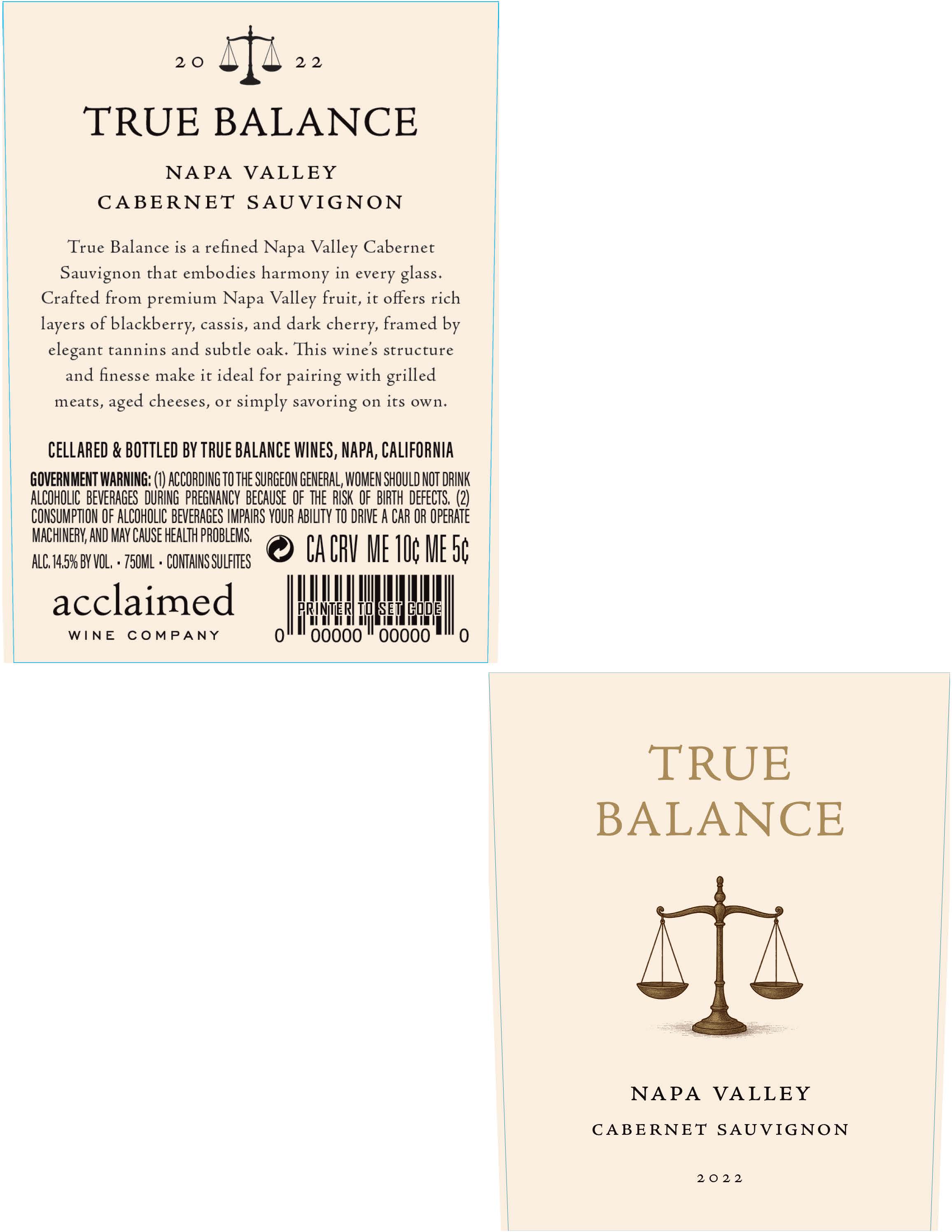 TABC label artwork for True Balance Napa Valley Cabernet Sauvignon