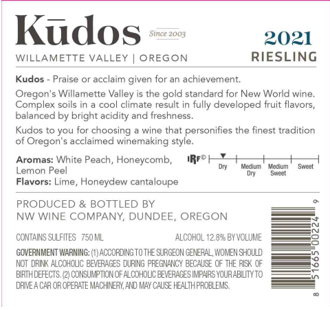TABC label artwork for Kudos Riesling Willamette Valley