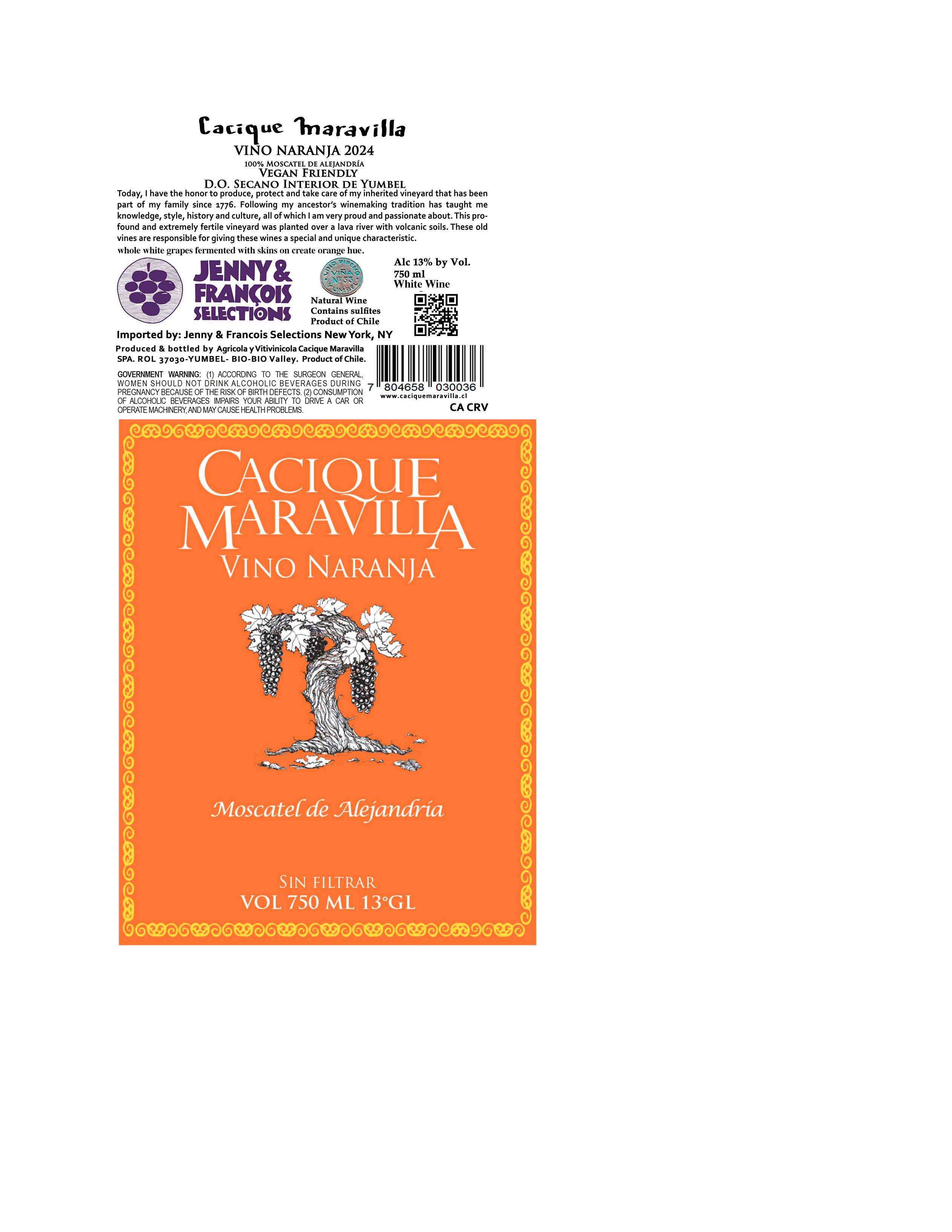 TABC label artwork for Cacique Maravilla, Vino Naranja