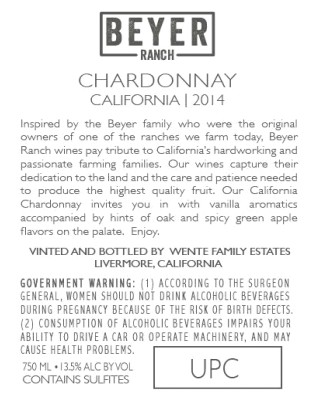 TABC label artwork for Beyer Ranch Chardonnay CA