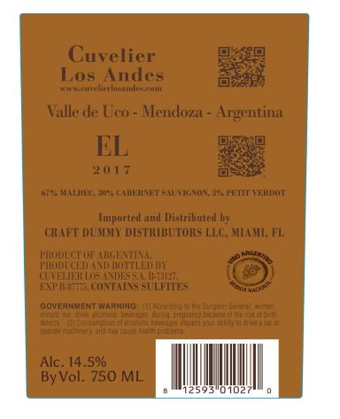 TABC label artwork for CUVELIER LOS ANDES EL VALLE DE UCO-MENDOZA -ARGENTINA