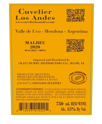 TABC label artwork for CUVELIER LOS ANDES MALBEC VALLE DE UCO-MENDOZA-ARGENTINA