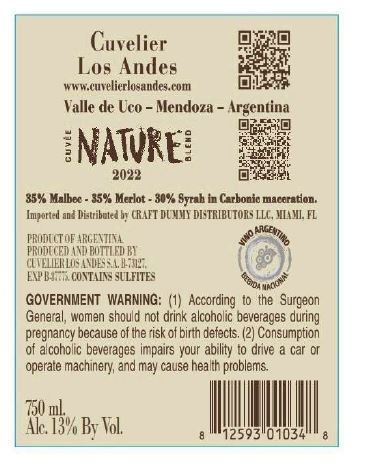 TABC label artwork for CUVELIER LOS ANDES CUVEE NATURE BLEND VALLE DE UCO-MENDOZA-ARGENTINA