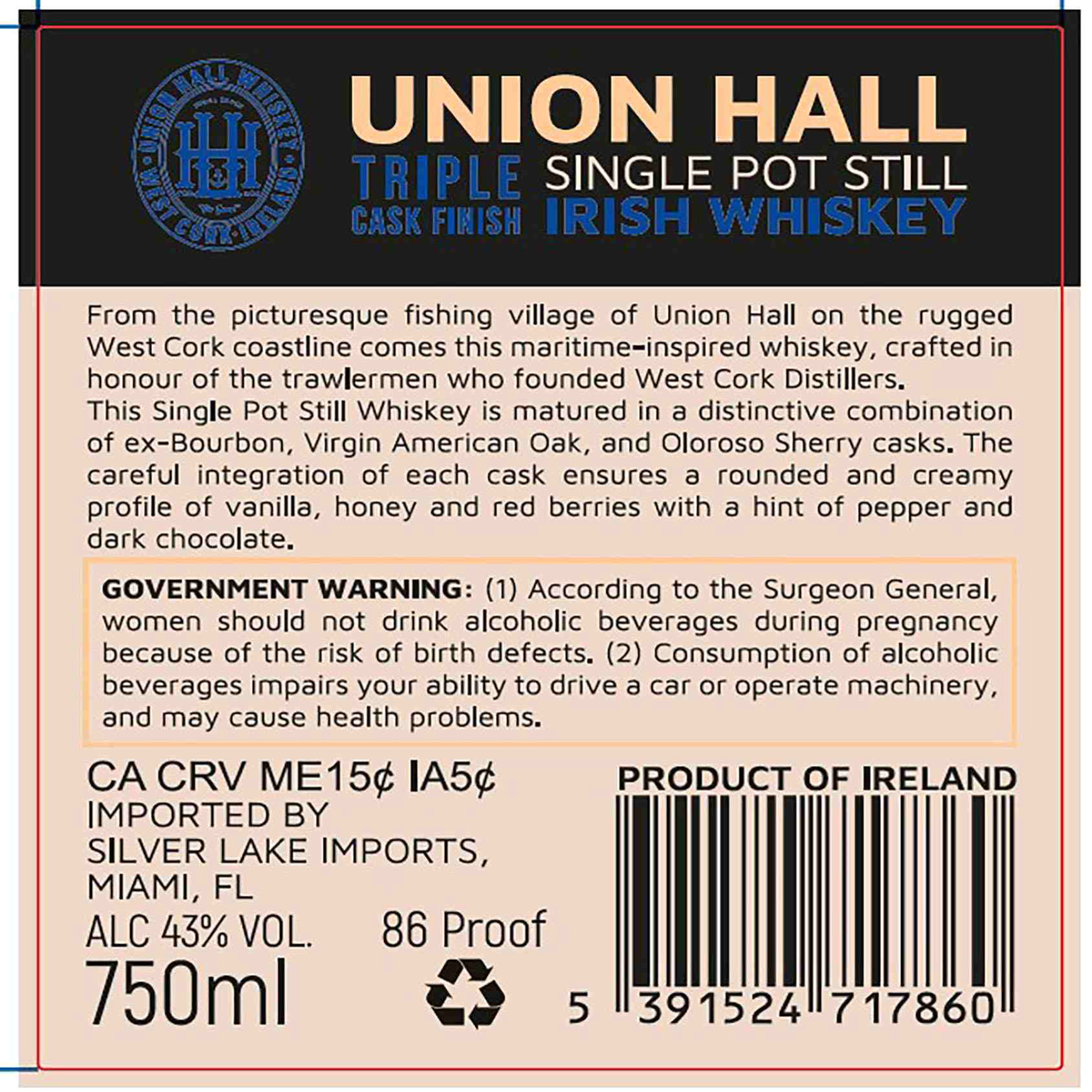 TABC label artwork for Union Hall 7Yr Triple Irish Whiskey