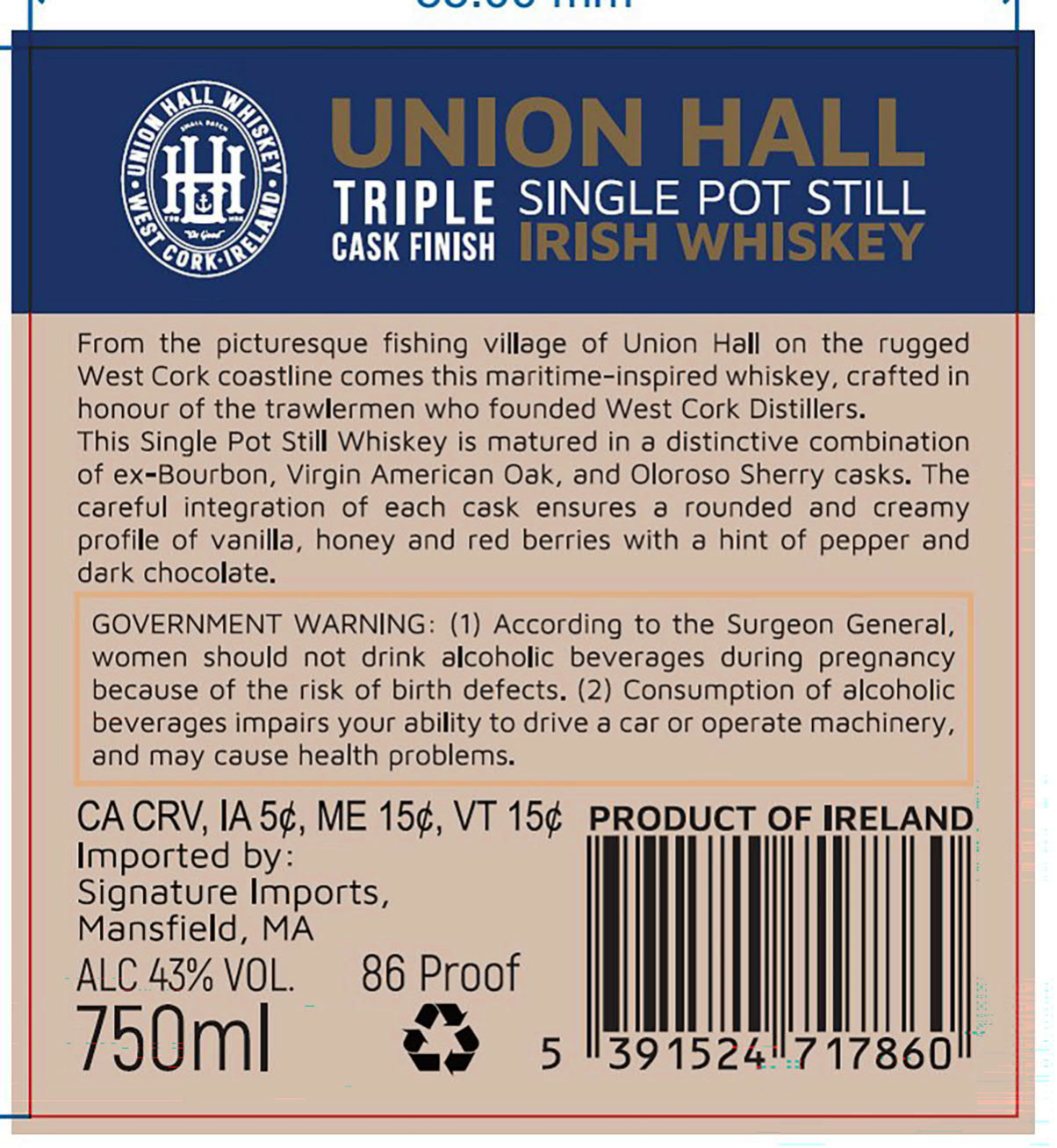 TABC label artwork for Union Hall 7Yr Triple Irish Whiskey