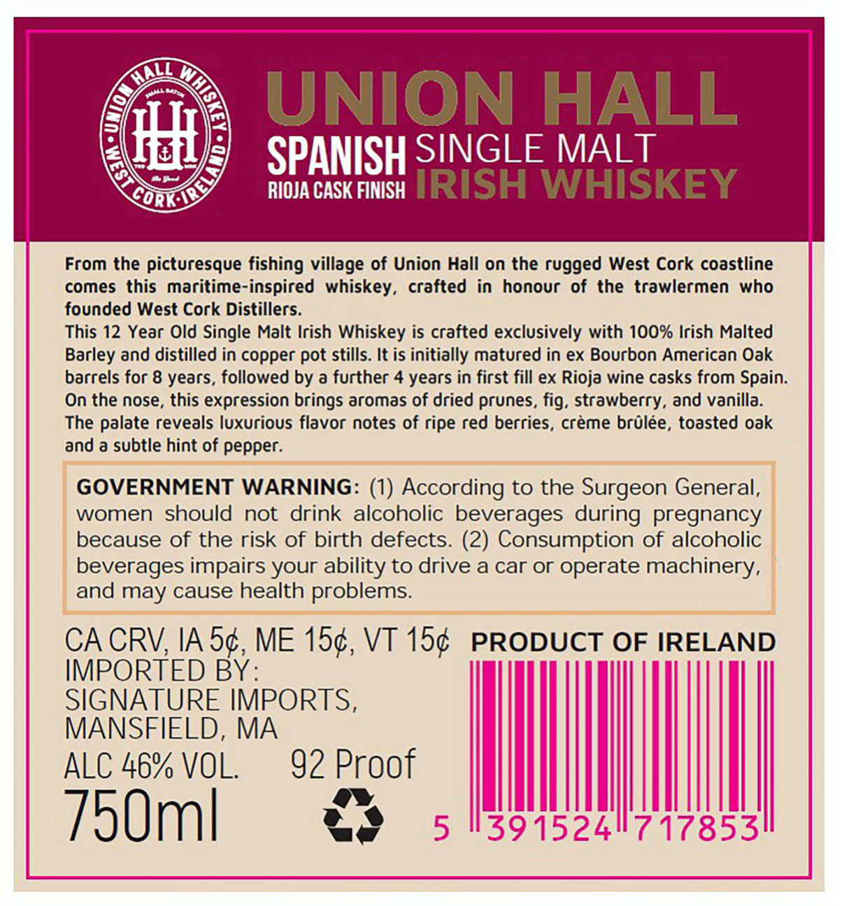 TABC label artwork for Union Hall 12Yr Rioja Cask Irish Whiskey