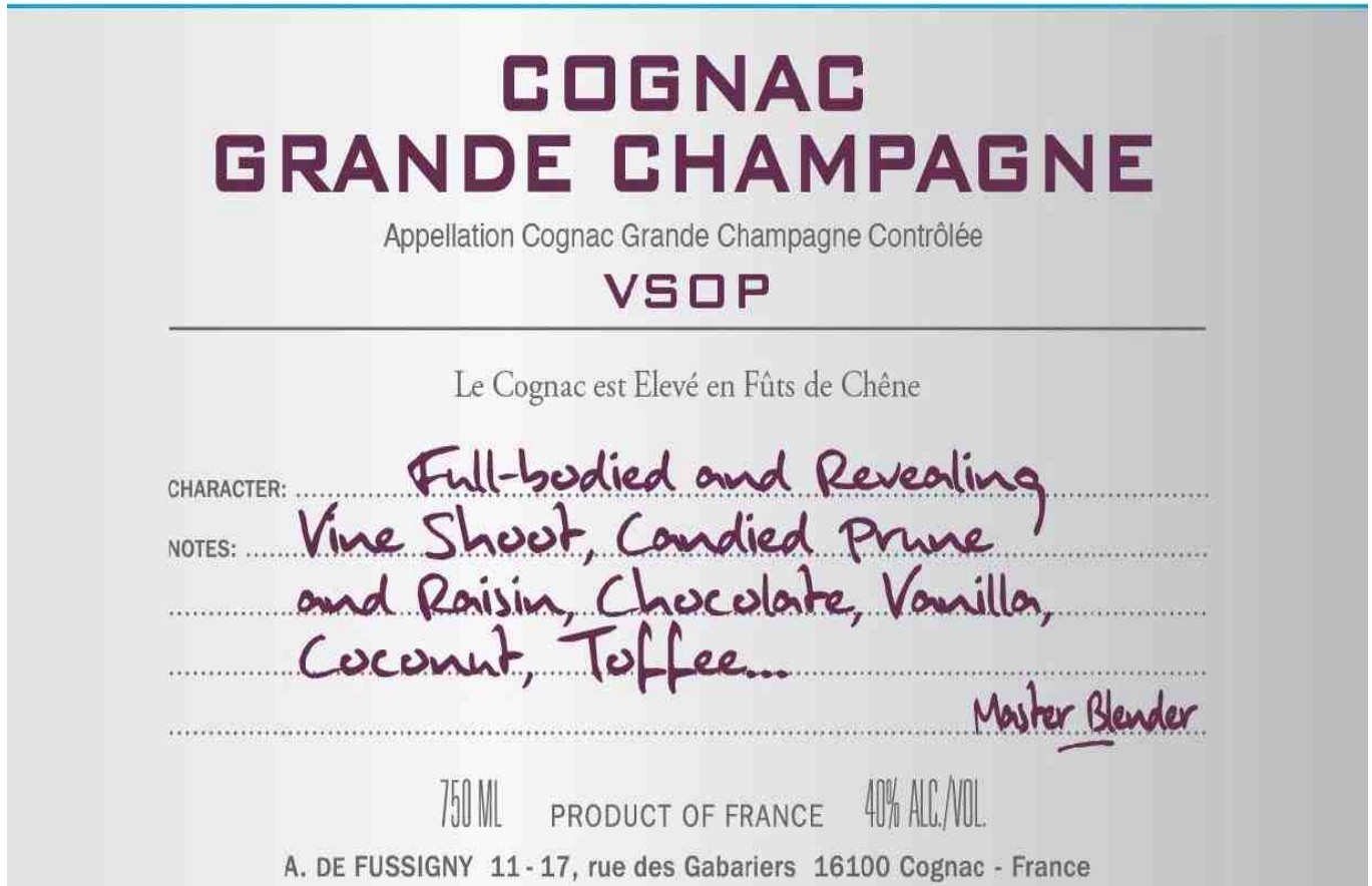 TABC label artwork for A de Fussigny Grand Champagne VSOP