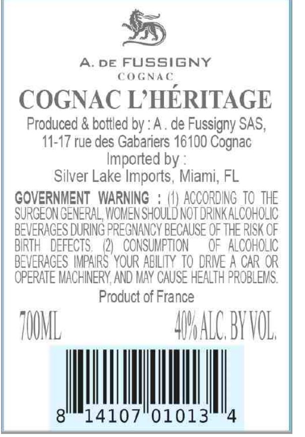 TABC label artwork for A de Fussigny L'Heritage Cognac