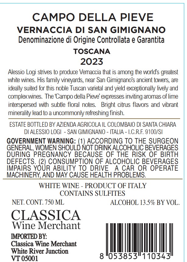 TABC label artwork for COLOMBAIO DI SANTA CHIARA VERNACCIA DI SAN GIMIGNANO DOCG